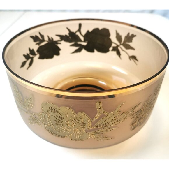 Amber Glass Vintage Gold Floral Accents Serving Dish Gold Gilt Band - Picture 2 of 9
